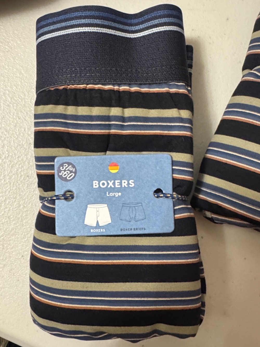 Marine Layer Striped Navy and Olive boxer size 
Button  -Large